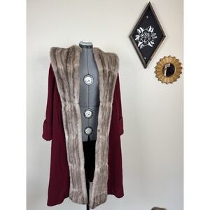 VTG 1940-1950s Red Wool Swing Coat Mink Fur Trim Panels Heavy Tailored Dramatic